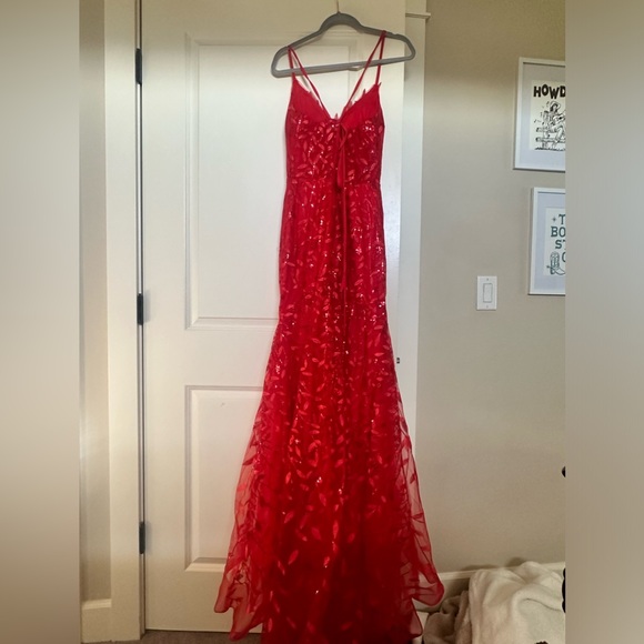 Red V Neck Train Hoco/Prom Dress - Picture 5 of 7